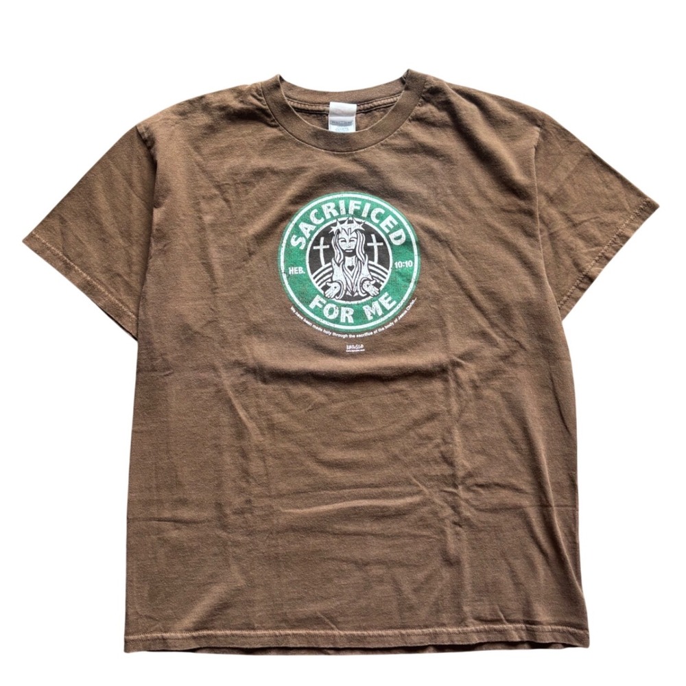 Vintage 00's Y2K Starbucks Jesus Parody Sacrificed For Me Shirt Size L